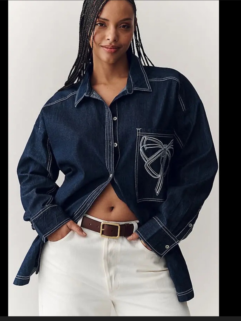 Anthropologie Pilcro Denim Long-Sleeve Embroidered Bow Shirt top oversized XS